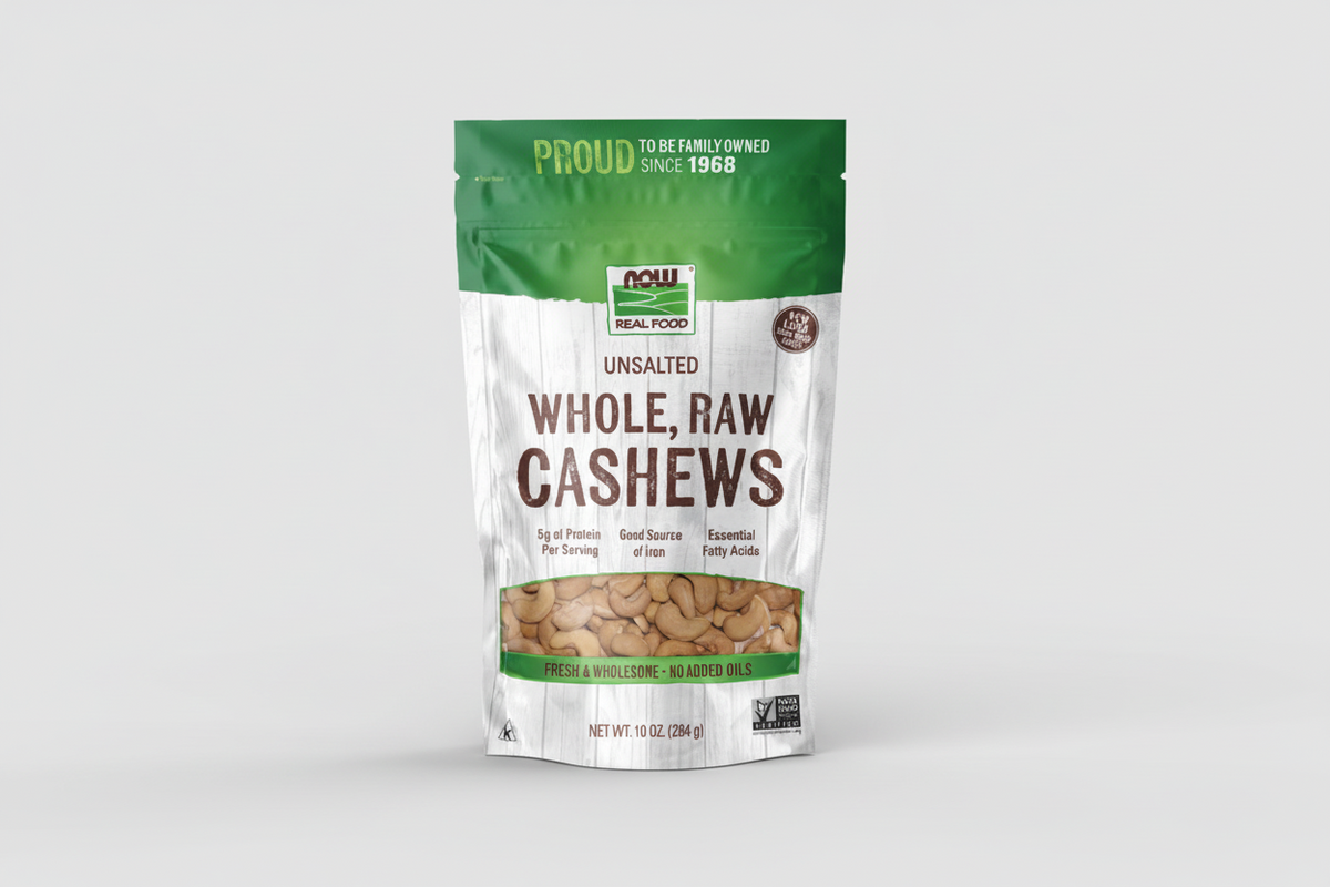 Package of NOW Unsalted Whole Raw Cashews on a white background