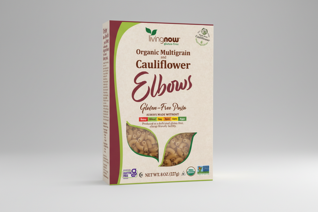 Box of organic multigrain and cauliflower elbows gluten-free pasta from Living Now.