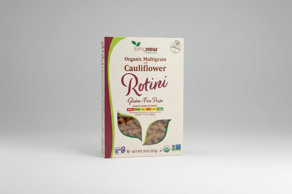 Box of organic multigrain and cauliflower rotini pasta with branding and nutritional information.