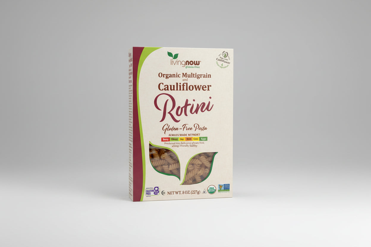 Box of organic multigrain and cauliflower rotini pasta with branding and nutritional information.