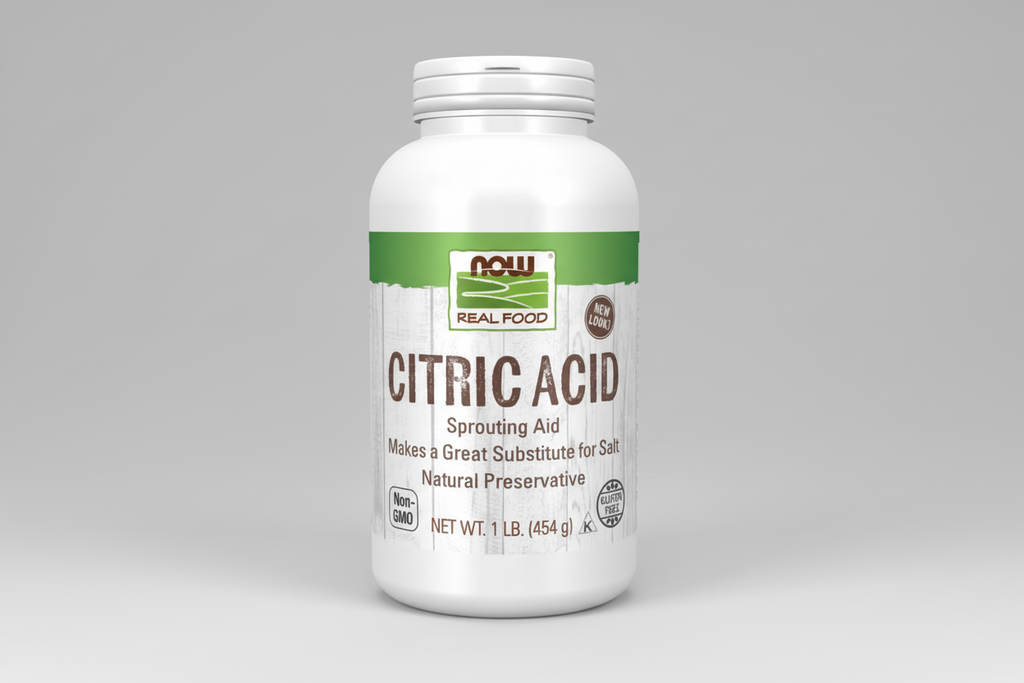 Bottle of NOW Citric Acid on a white background