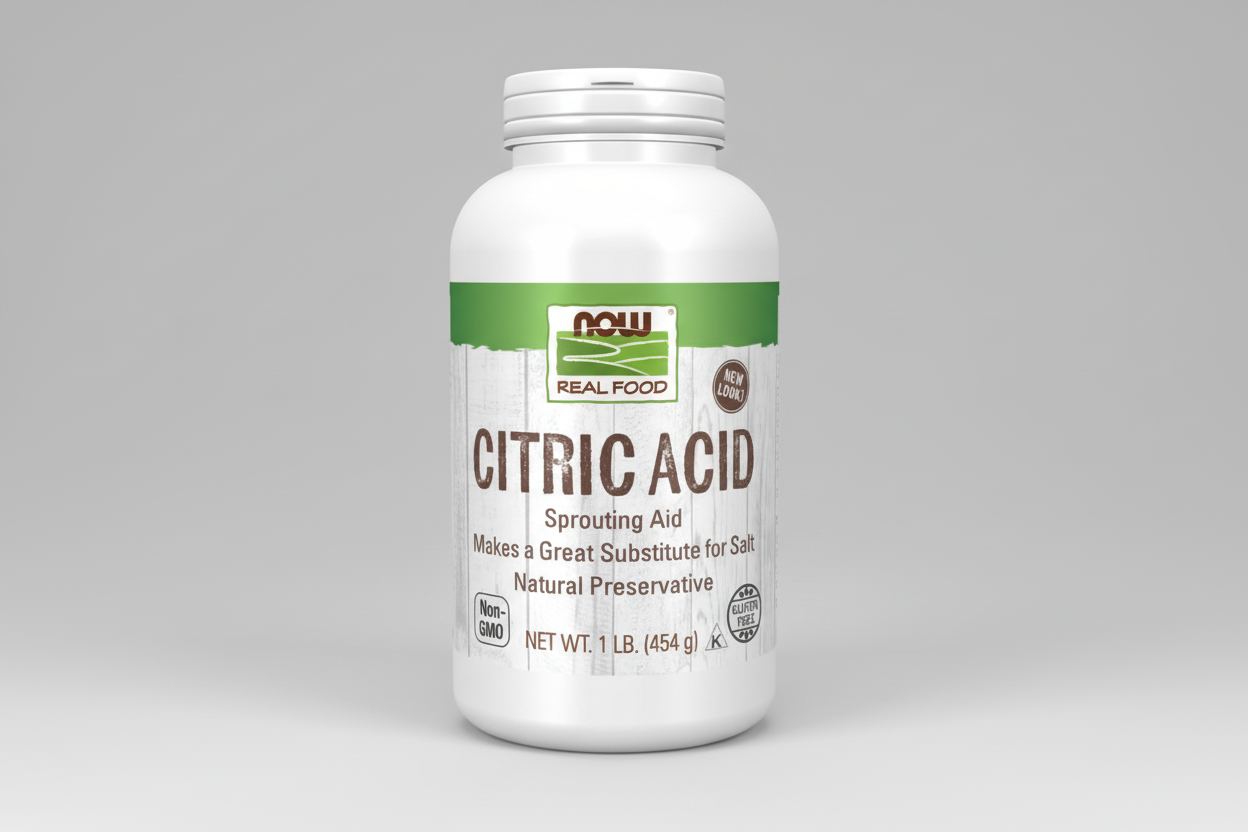 Bottle of NOW Citric Acid on a white background