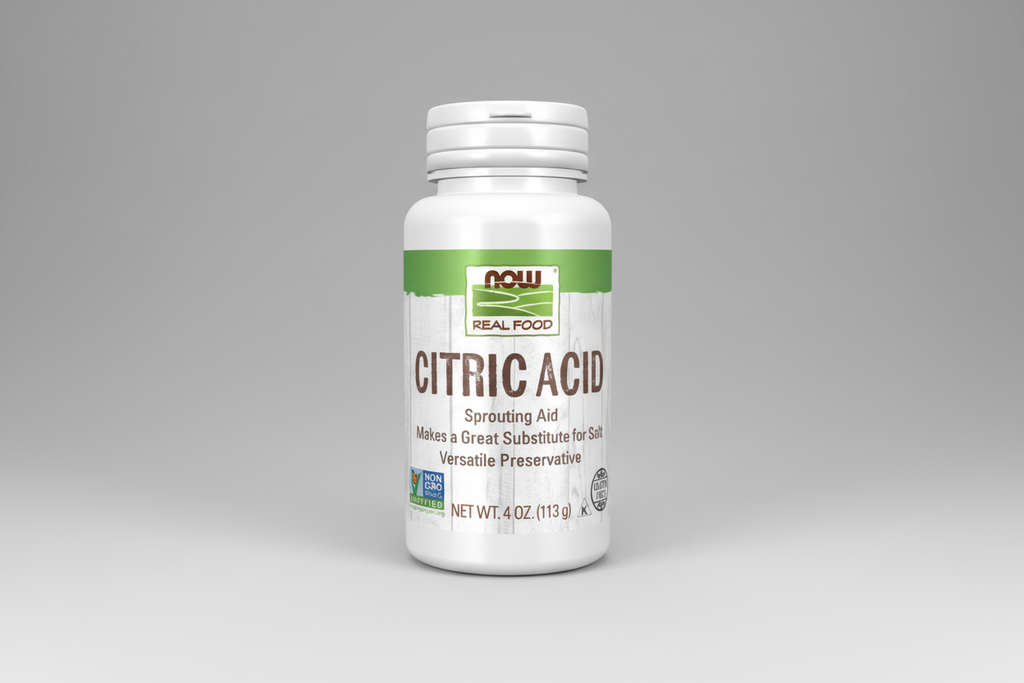 Bottle of citric acid supplement with a white background