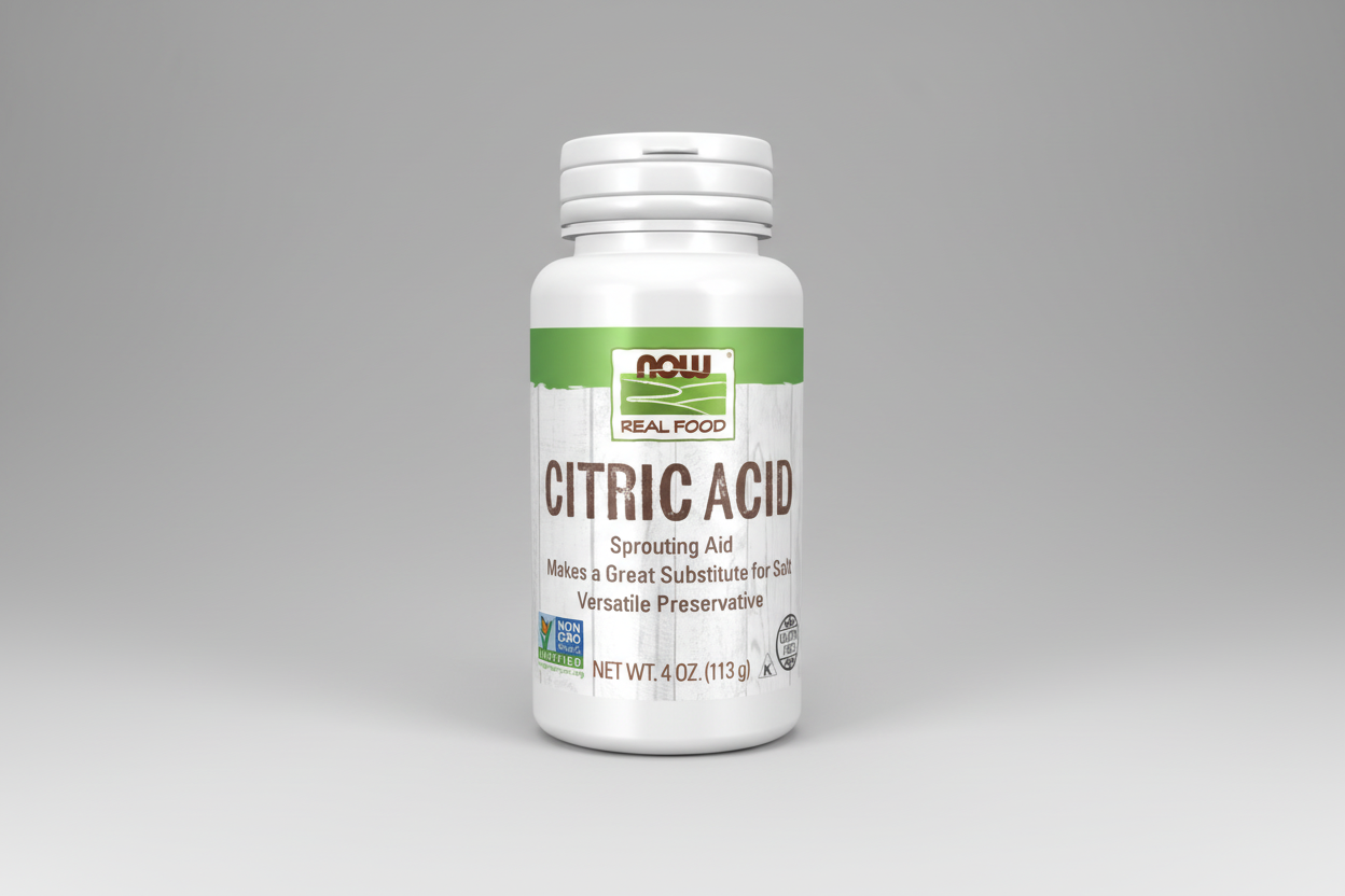 Bottle of citric acid supplement with a white background