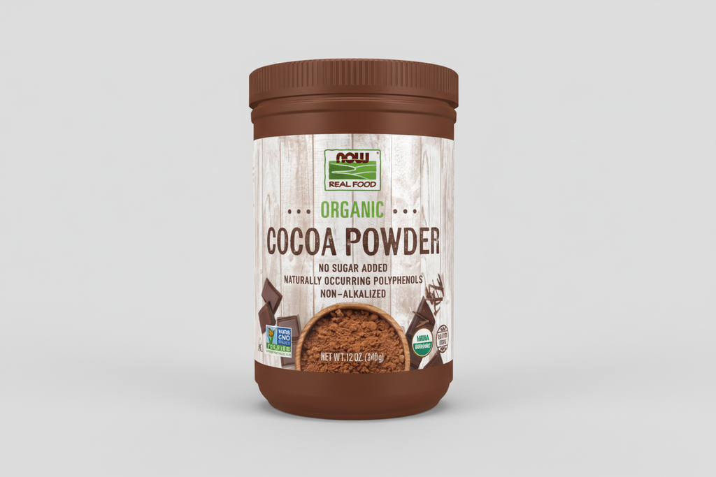 Jar of NOW Organic Cocoa Powder on a white background