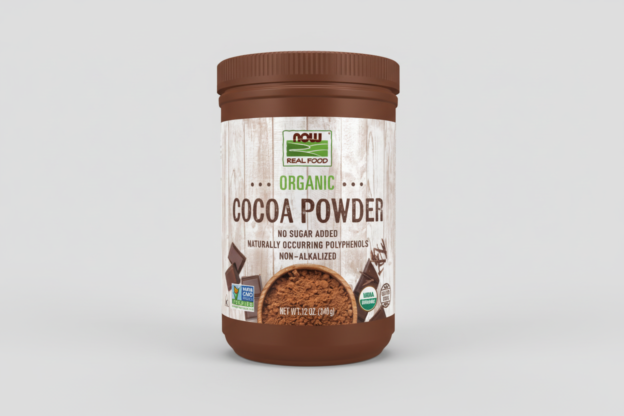 Jar of NOW Organic Cocoa Powder on a white background