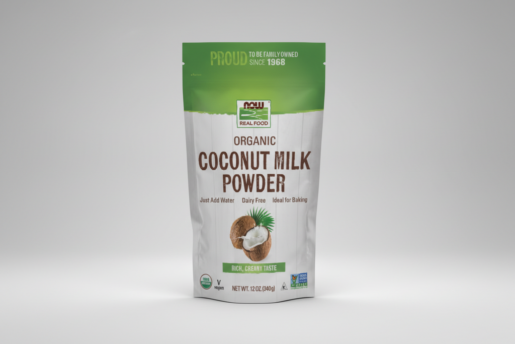 Package of NOW Organic Coconut Milk Powder with green and white design