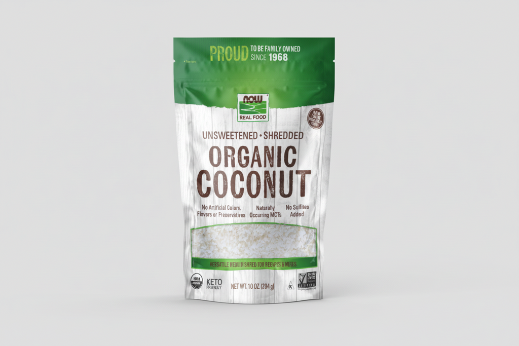 Package of NOW Real Food Organic Coconut on a white background