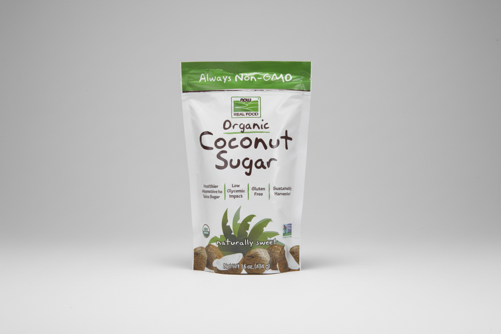 Package of organic coconut sugar with branding and product details on a white background