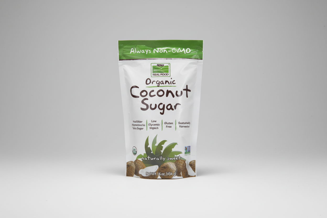 Package of organic coconut sugar with branding and product details on a white background