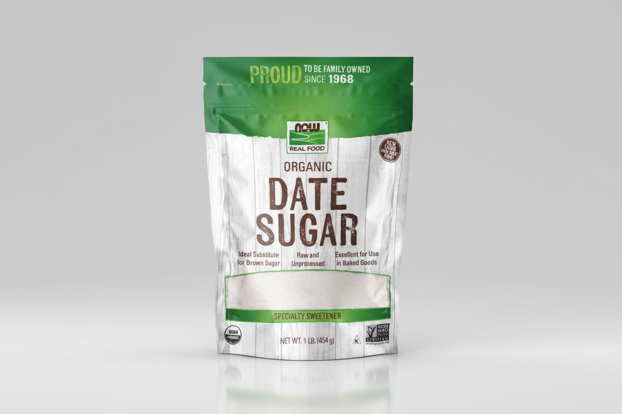 Bag of NOW Organic Date Sugar with green and white design