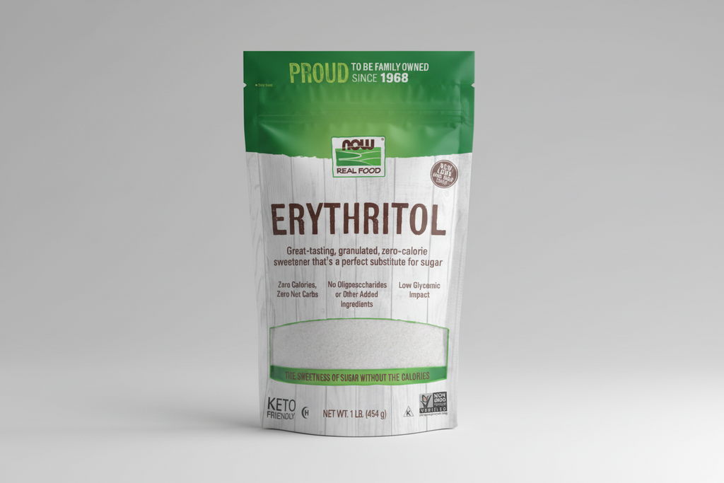 Package of NOW Real Food Erythritol on a white background