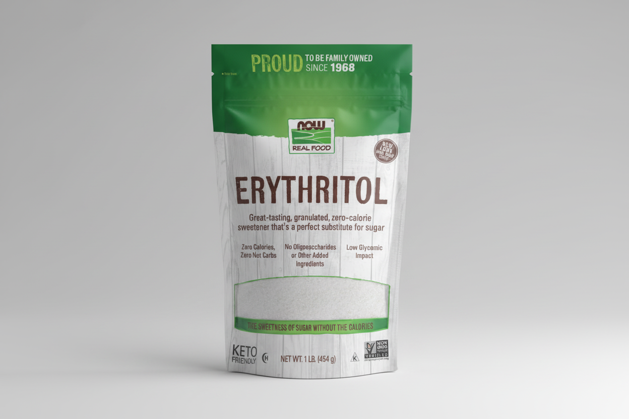 Package of NOW Real Food Erythritol on a white background