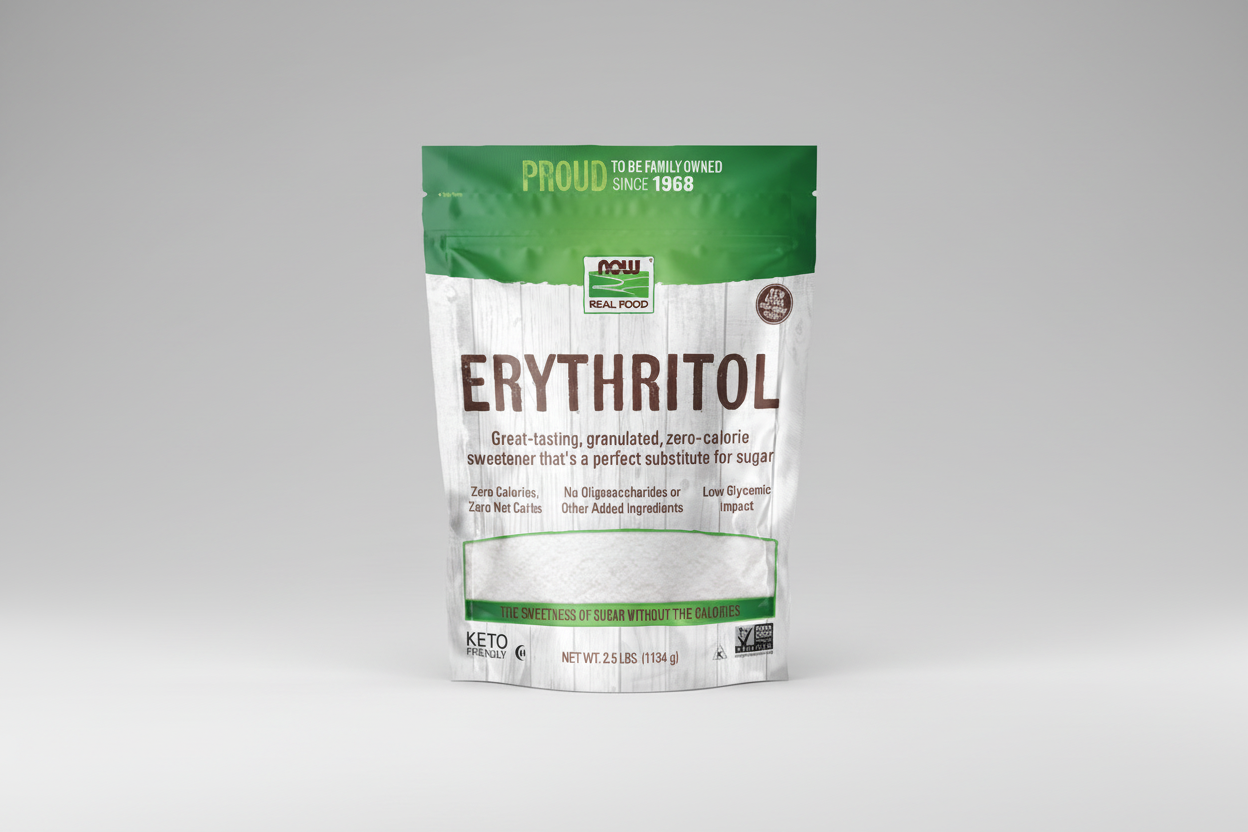 Package of erythritol with green and white design