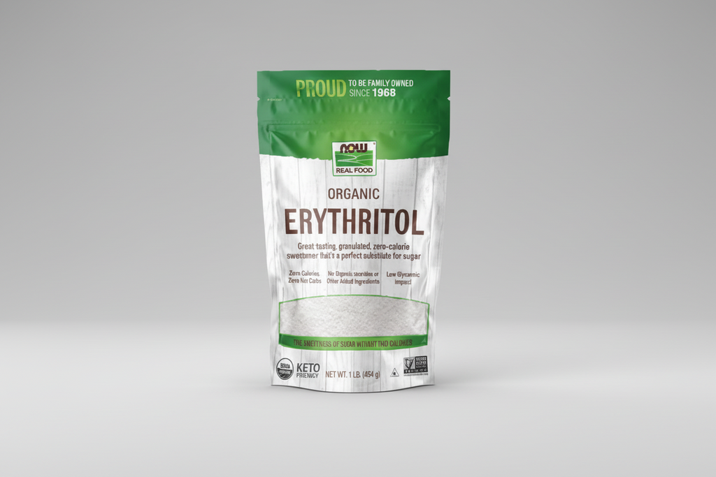 Package of organic erythritol on a white background