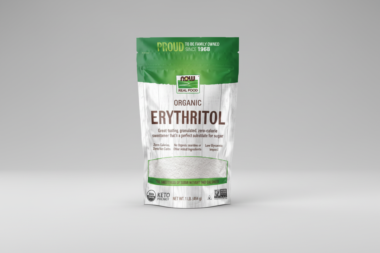 Package of organic erythritol on a white background