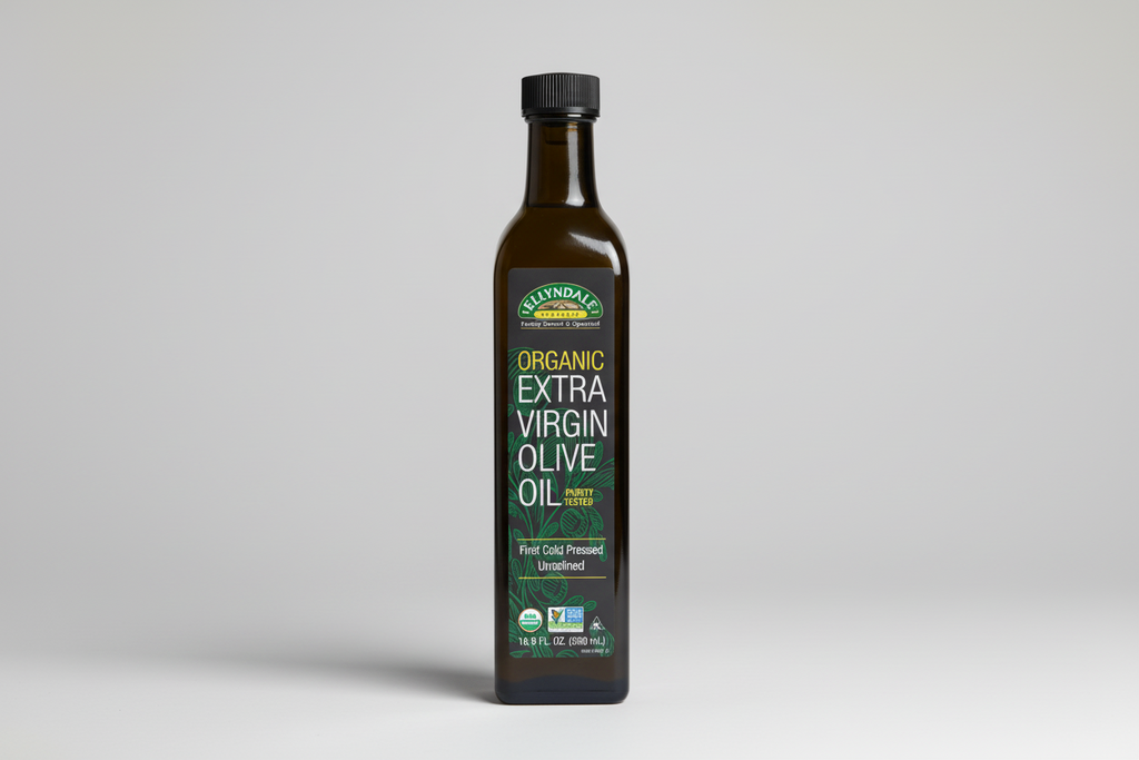 Bottle of Ellyndale Organic Extra Virgin Olive Oil on a white background