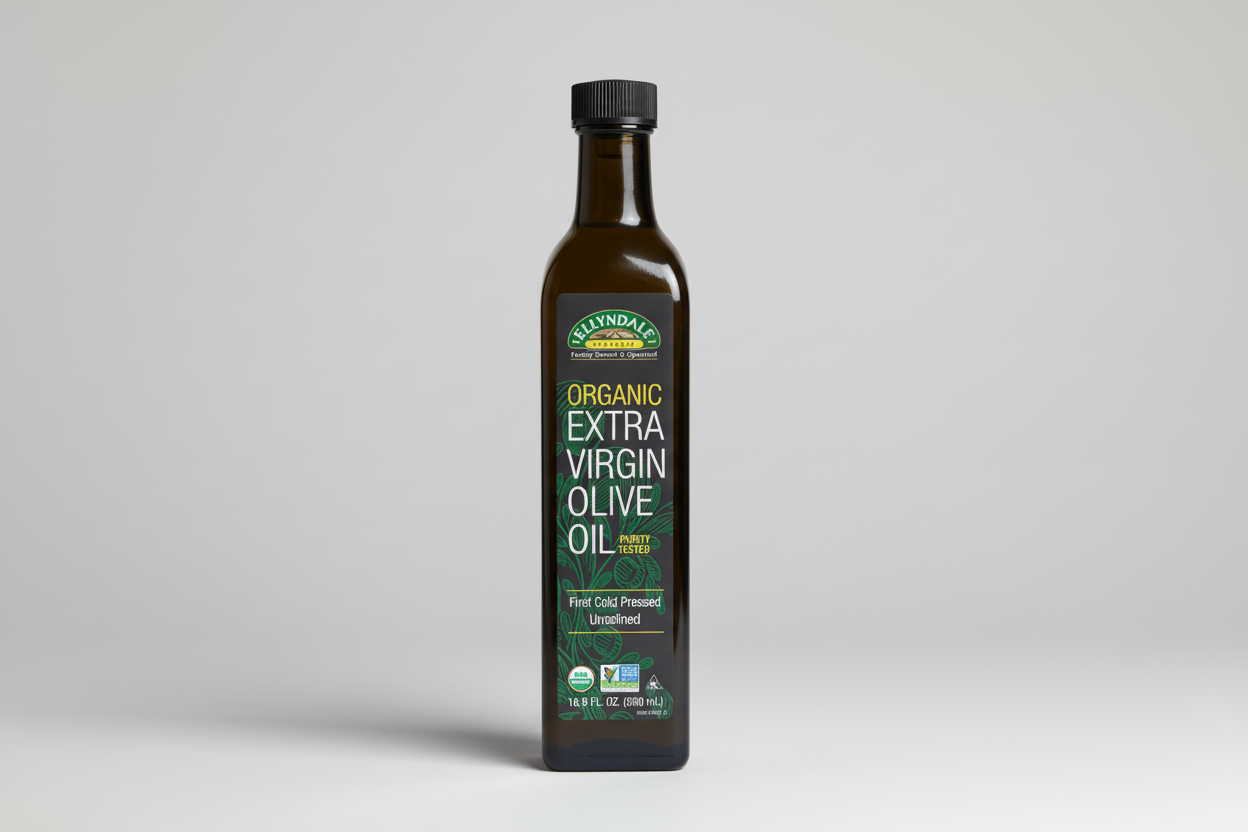 Bottle of Ellyndale Organic Extra Virgin Olive Oil on a white background