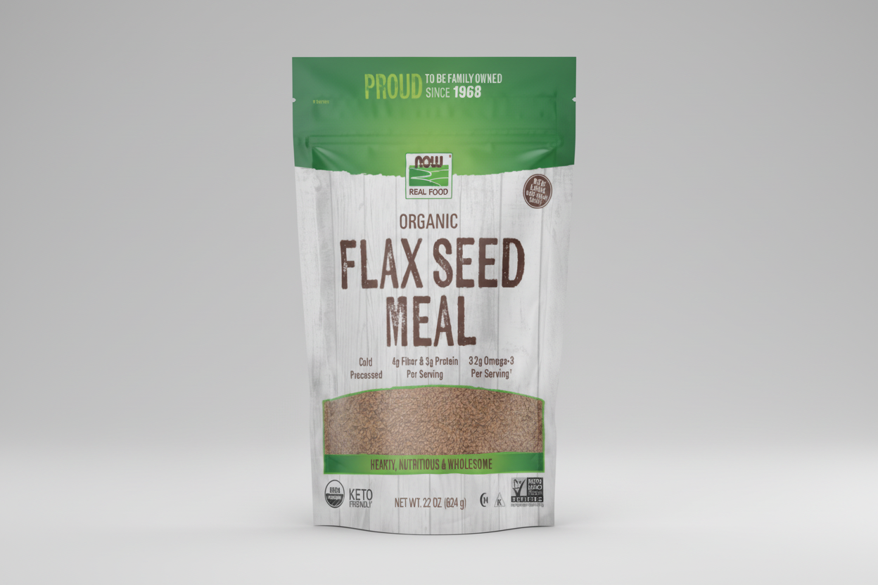 Bag of organic flax seed meal with green and white design