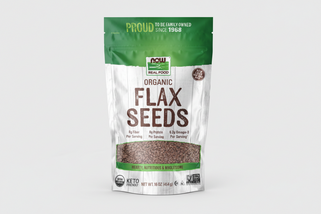 Bag of NOW Organic Flax Seeds with green and white design