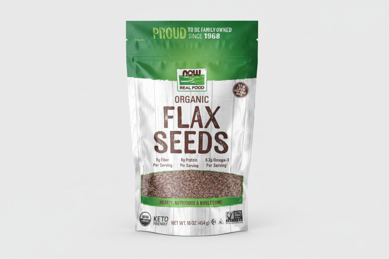 Bag of NOW Organic Flax Seeds with green and white design