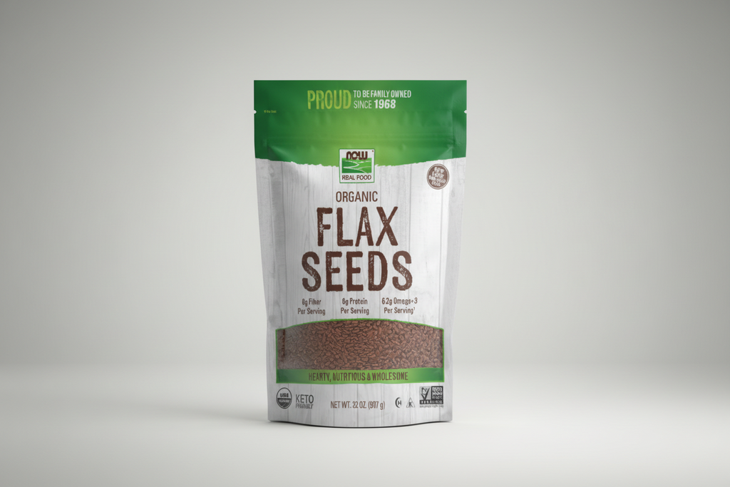 Bag of organic flax seeds with branding and nutritional information on a white background