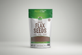 Bag of organic flax seeds with branding and nutritional information on a white background