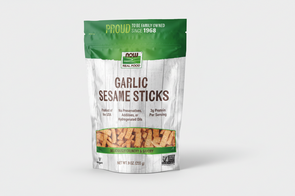 Package of Garlic Sesame Sticks with green and white design