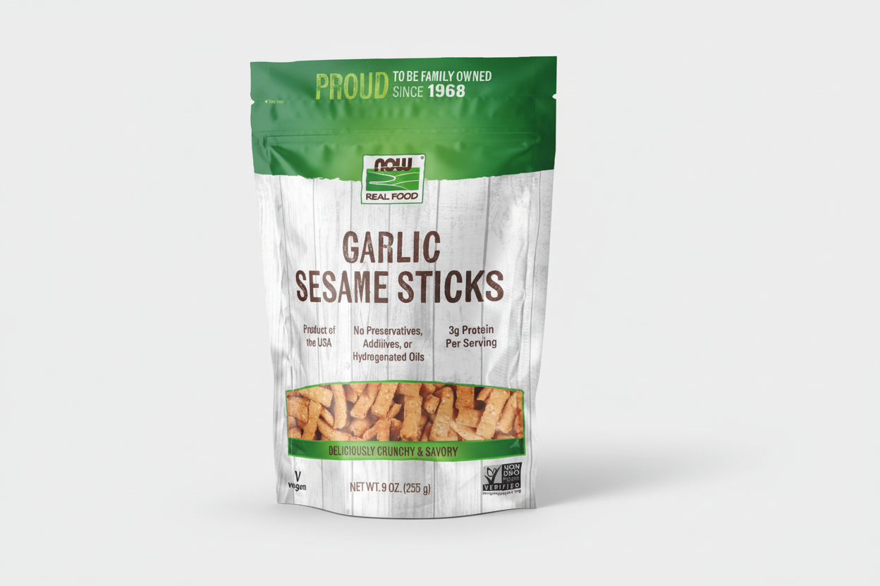 Package of Garlic Sesame Sticks with green and white design