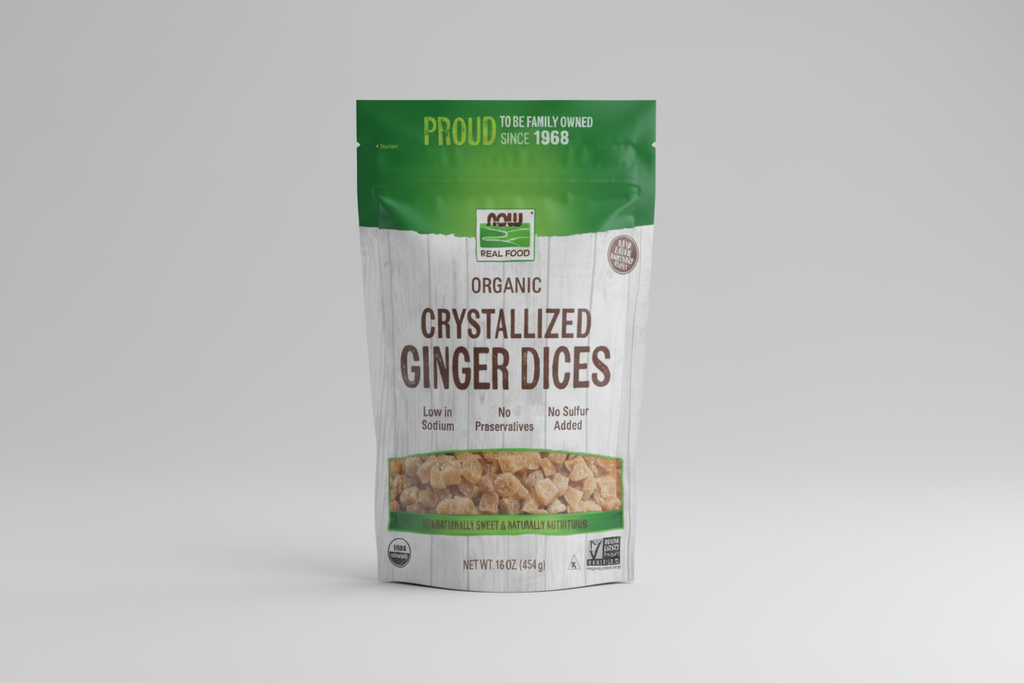 Package of NOW Organic Crystallized Ginger Dices with green and white design.