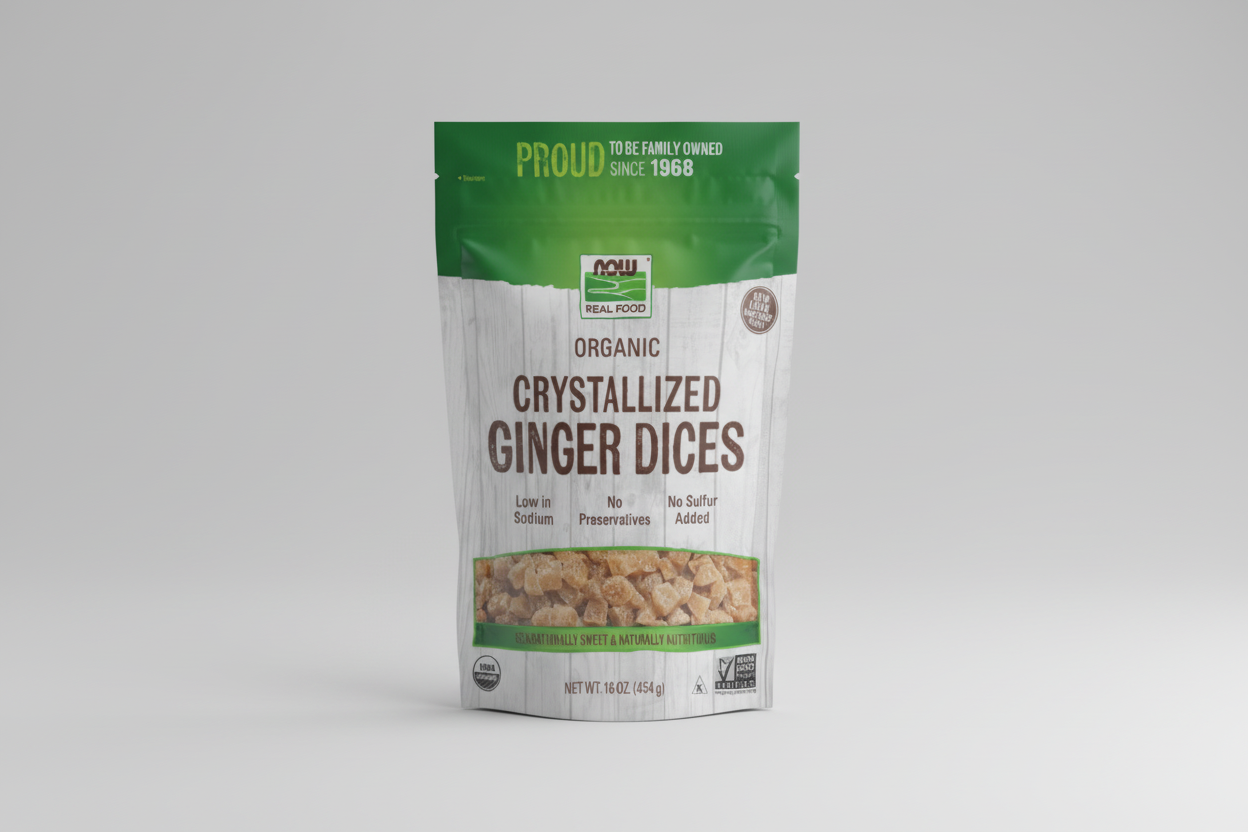 Package of NOW Organic Crystallized Ginger Dices with green and white design.