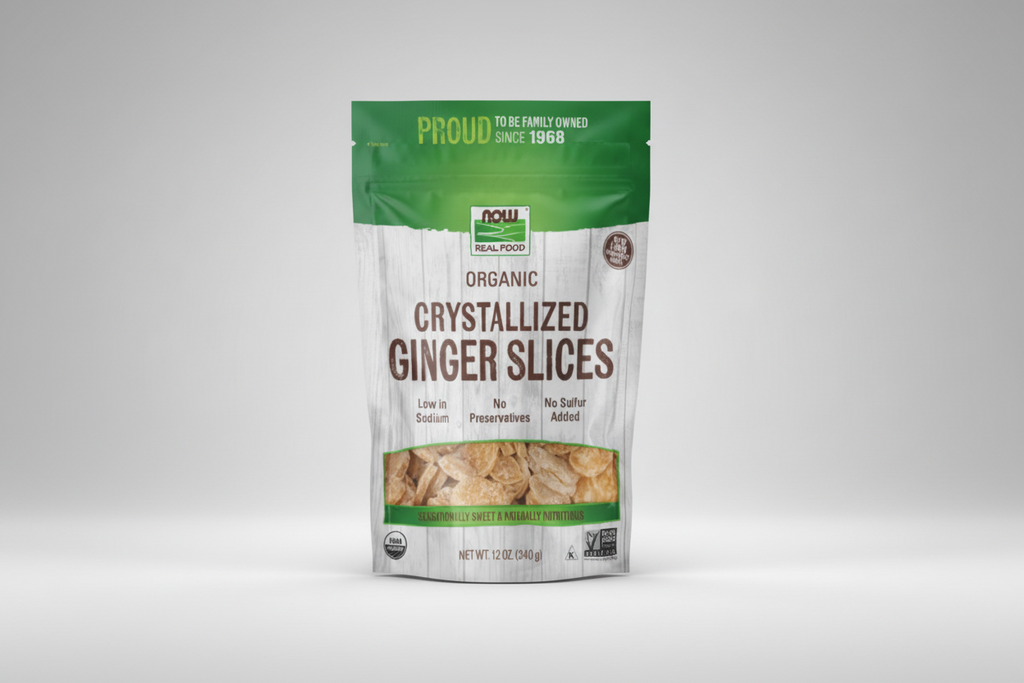 Package of NOW Organic Crystallized Ginger Slices with green and white design.