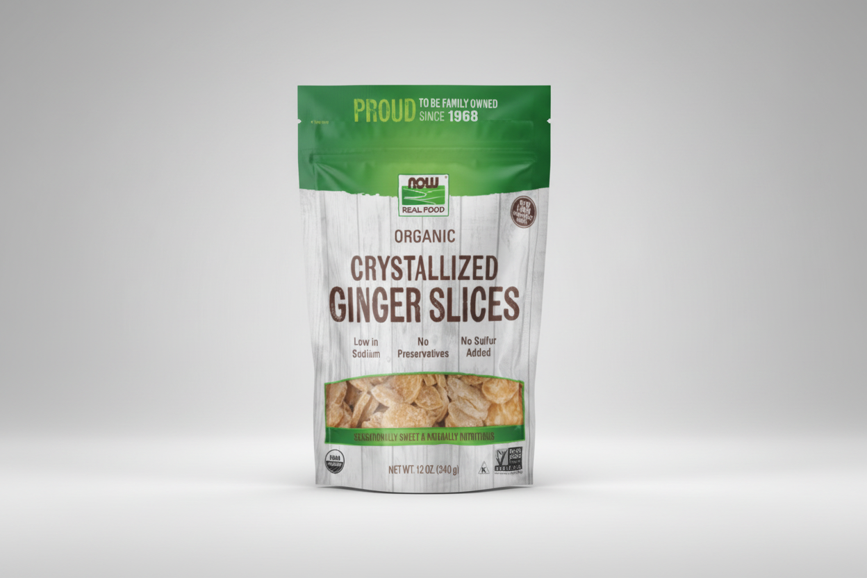 Package of NOW Organic Crystallized Ginger Slices with green and white design.