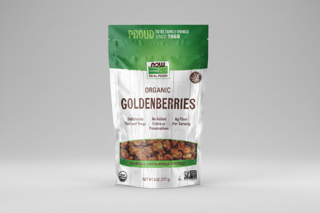 Package of NOW Organic Goldenberries with green and white design