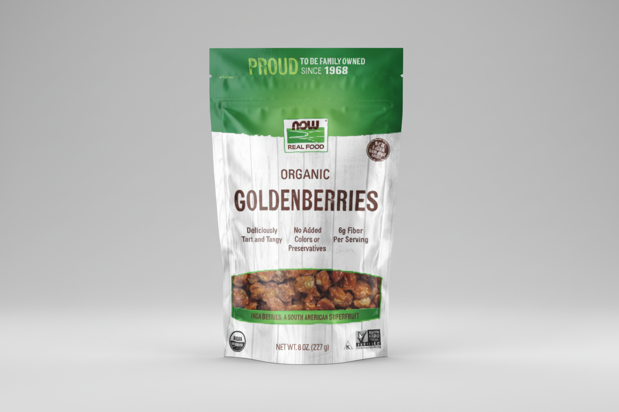 Package of NOW Organic Goldenberries with green and white design