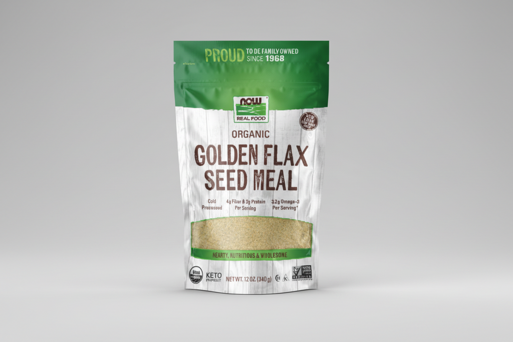 Package of NOW Organic Golden Flax Seed Meal with green and white design