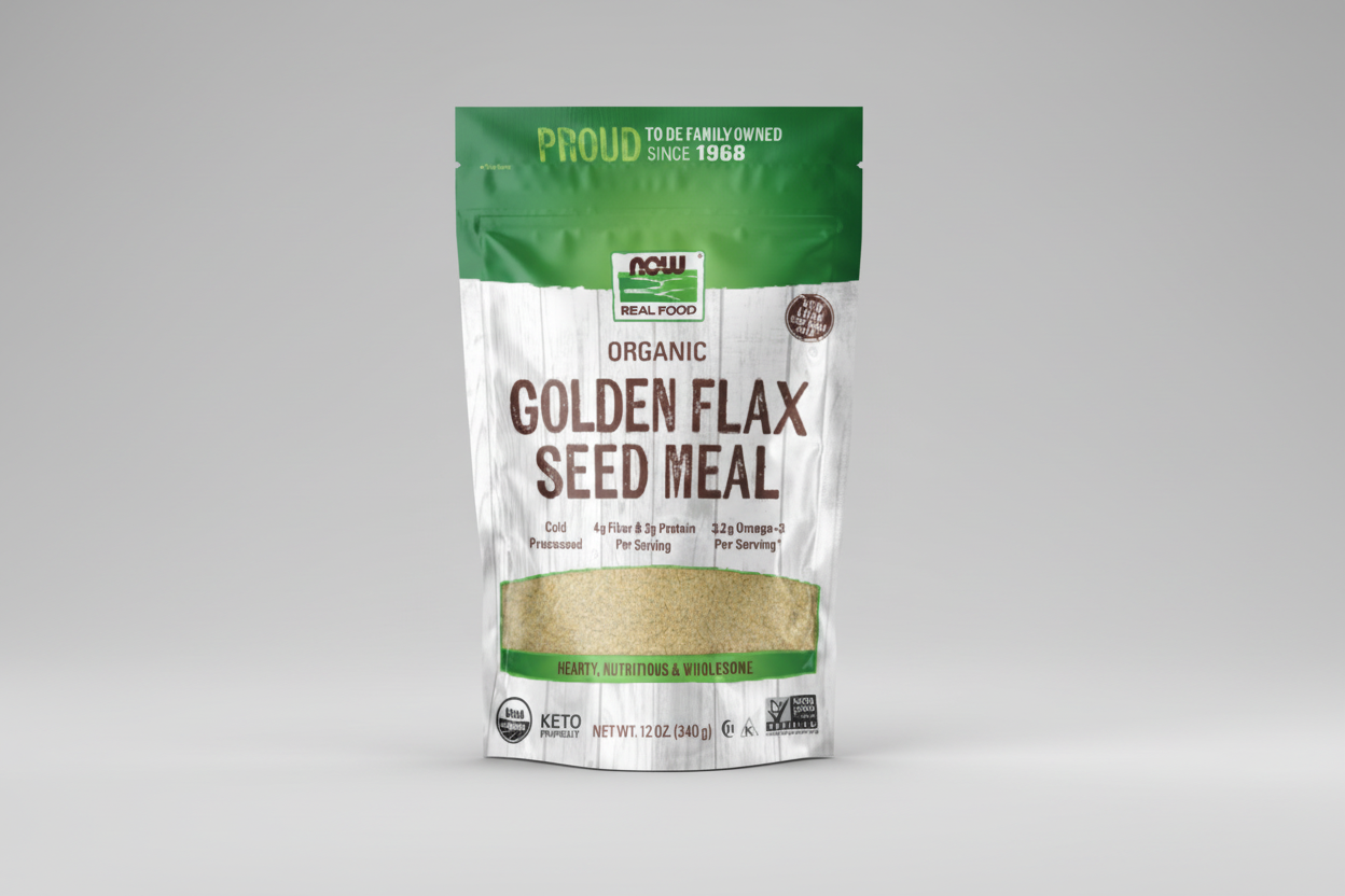Package of NOW Organic Golden Flax Seed Meal with green and white design
