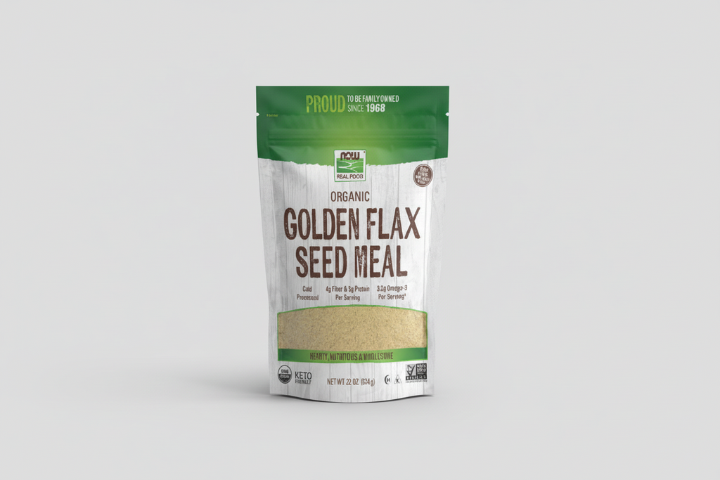 Package of NOW Foods Organic Golden Flax Seed Meal with green and white design.