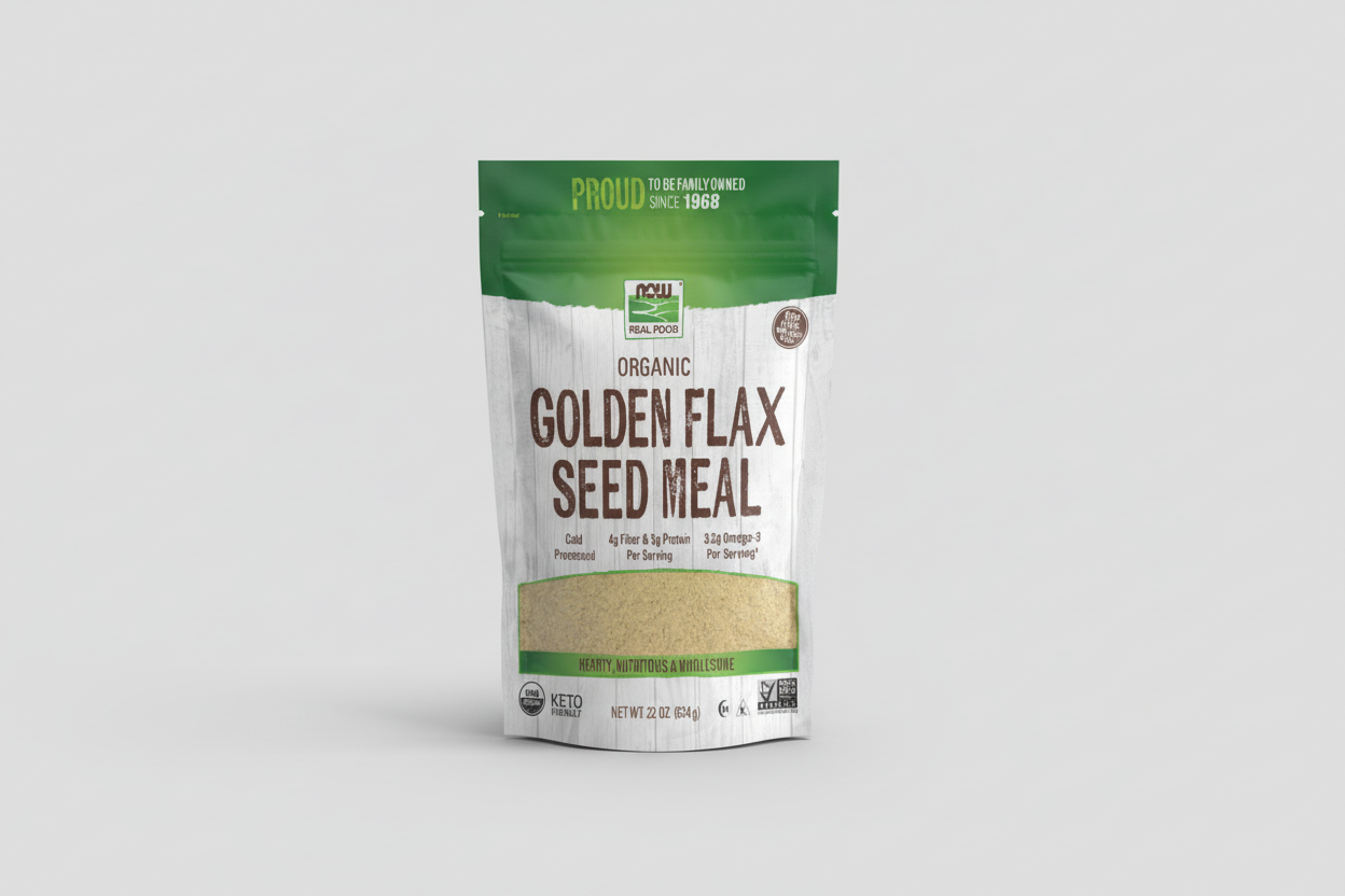 Package of NOW Foods Organic Golden Flax Seed Meal with green and white design.