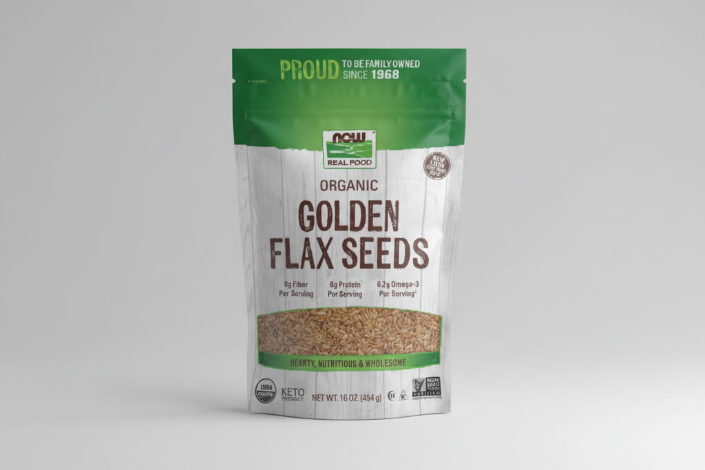 Package of NOW Organic Golden Flax Seeds with branding and nutritional information.
