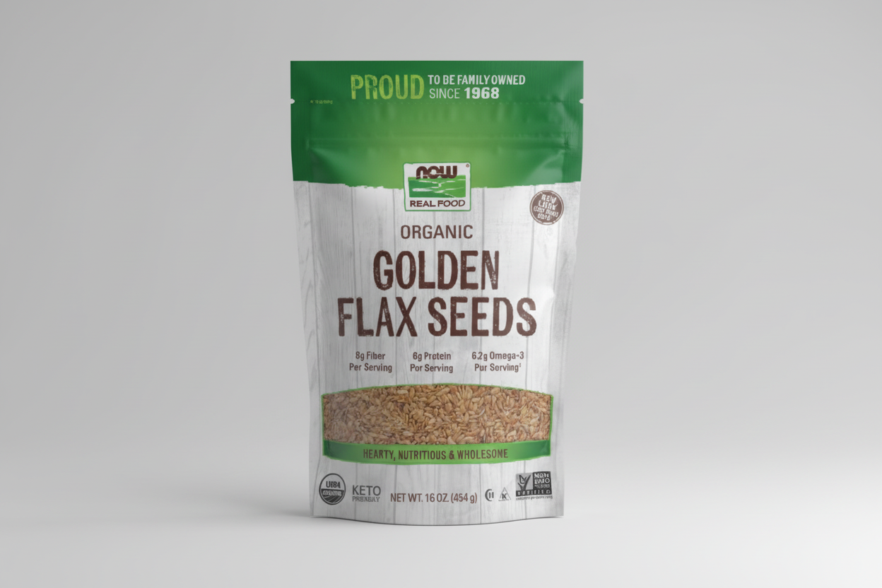 Package of NOW Organic Golden Flax Seeds with branding and nutritional information.