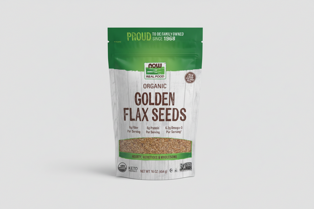 Package of NOW Organic Golden Flax Seeds with branding and nutritional information.