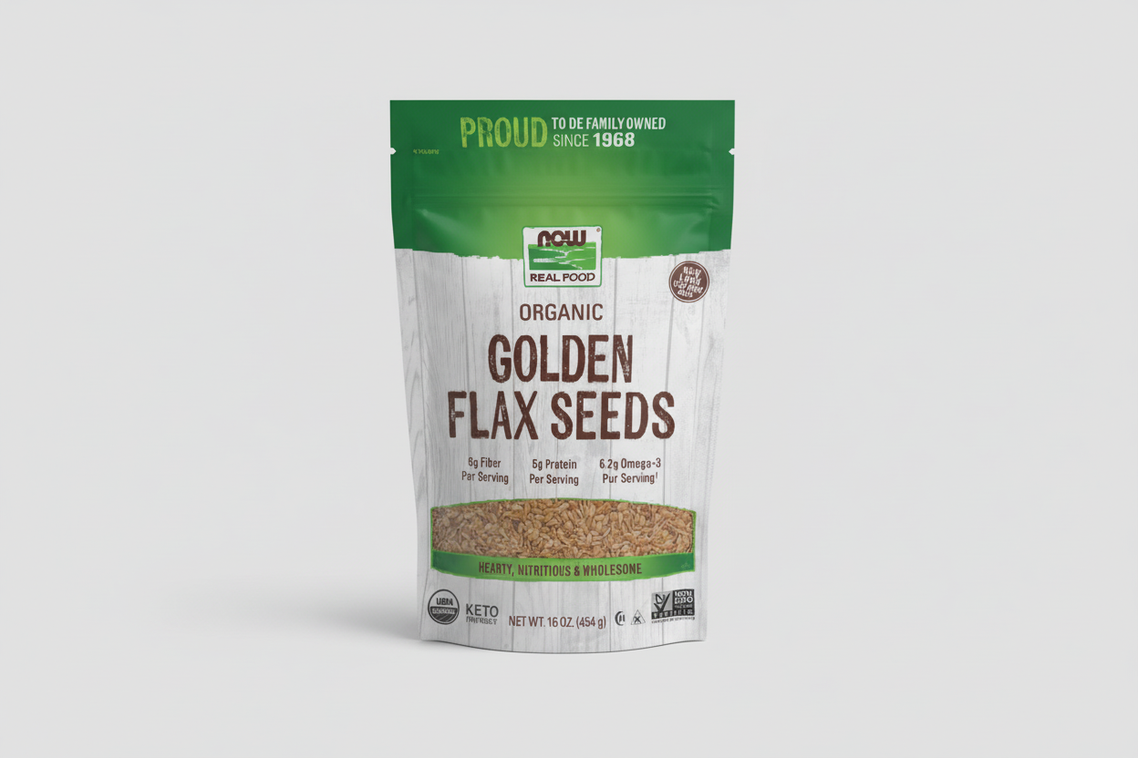 Package of NOW Organic Golden Flax Seeds with branding and nutritional information.