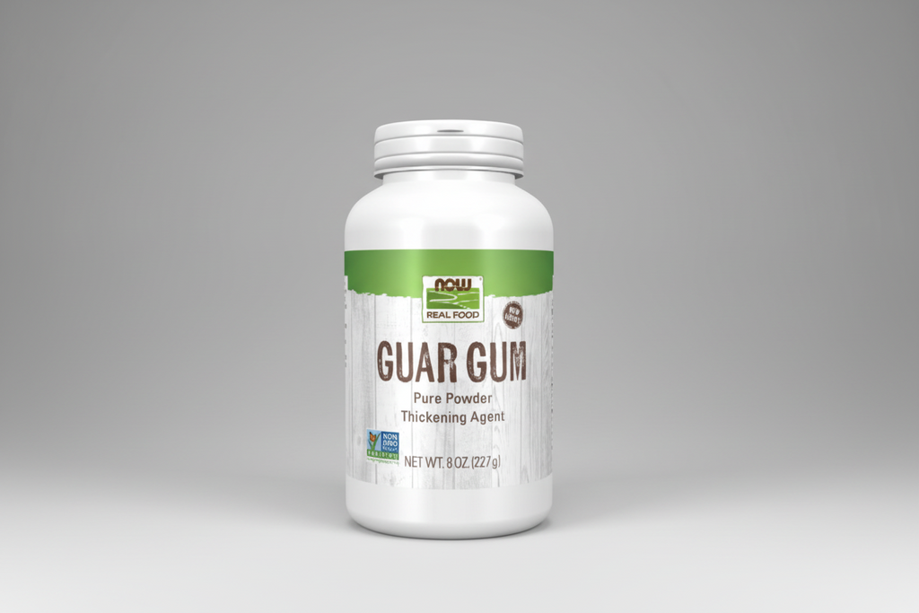 Guar Gum powder container with NOW Foods label on a white background