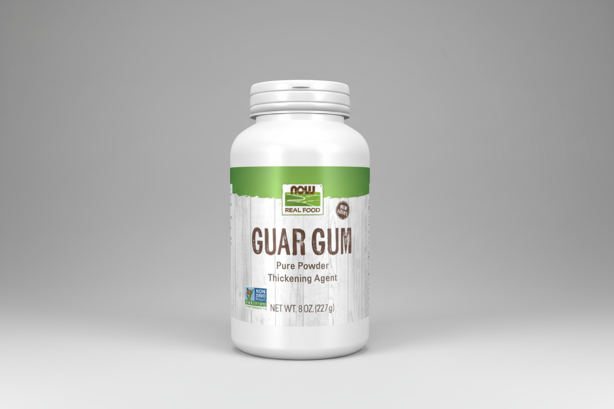 Guar Gum powder container with NOW Foods label on a white background