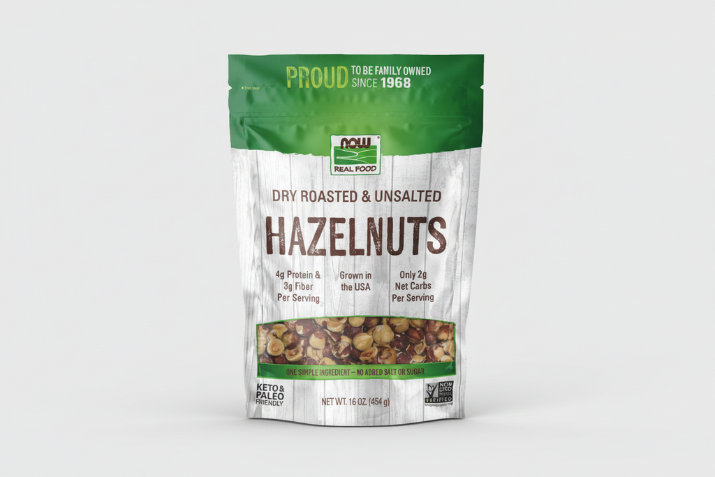 Package of dry roasted and unsalted hazelnuts with green and white design