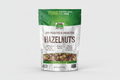 Package of dry roasted and unsalted hazelnuts with green and white design