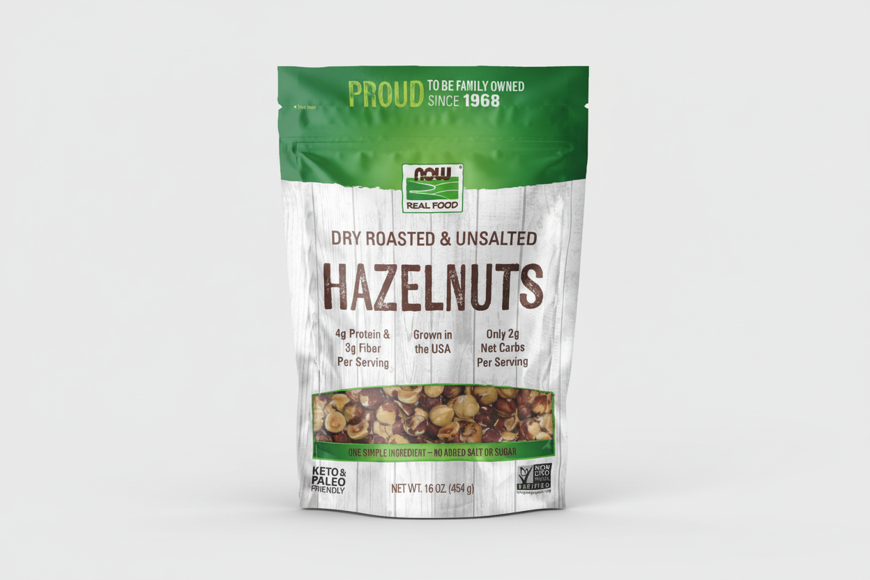 Package of dry roasted and unsalted hazelnuts with green and white design