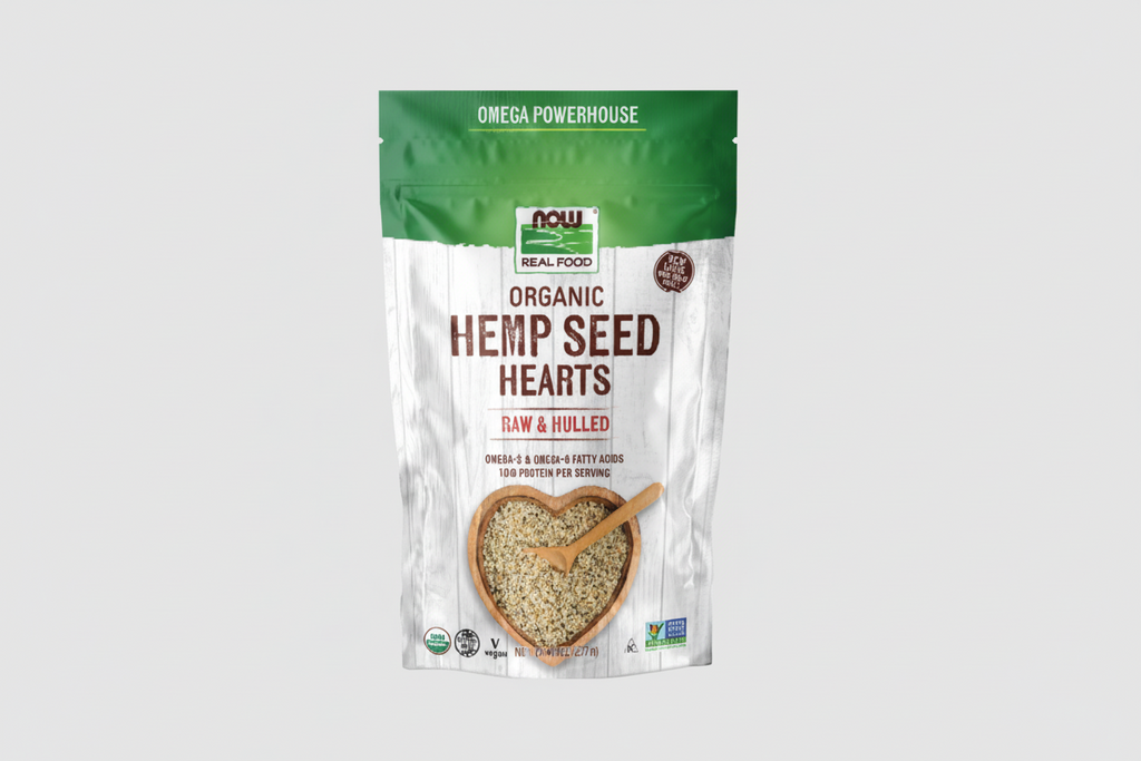 Package of NOW Organic Hemp Seed Hearts with a green and white design.