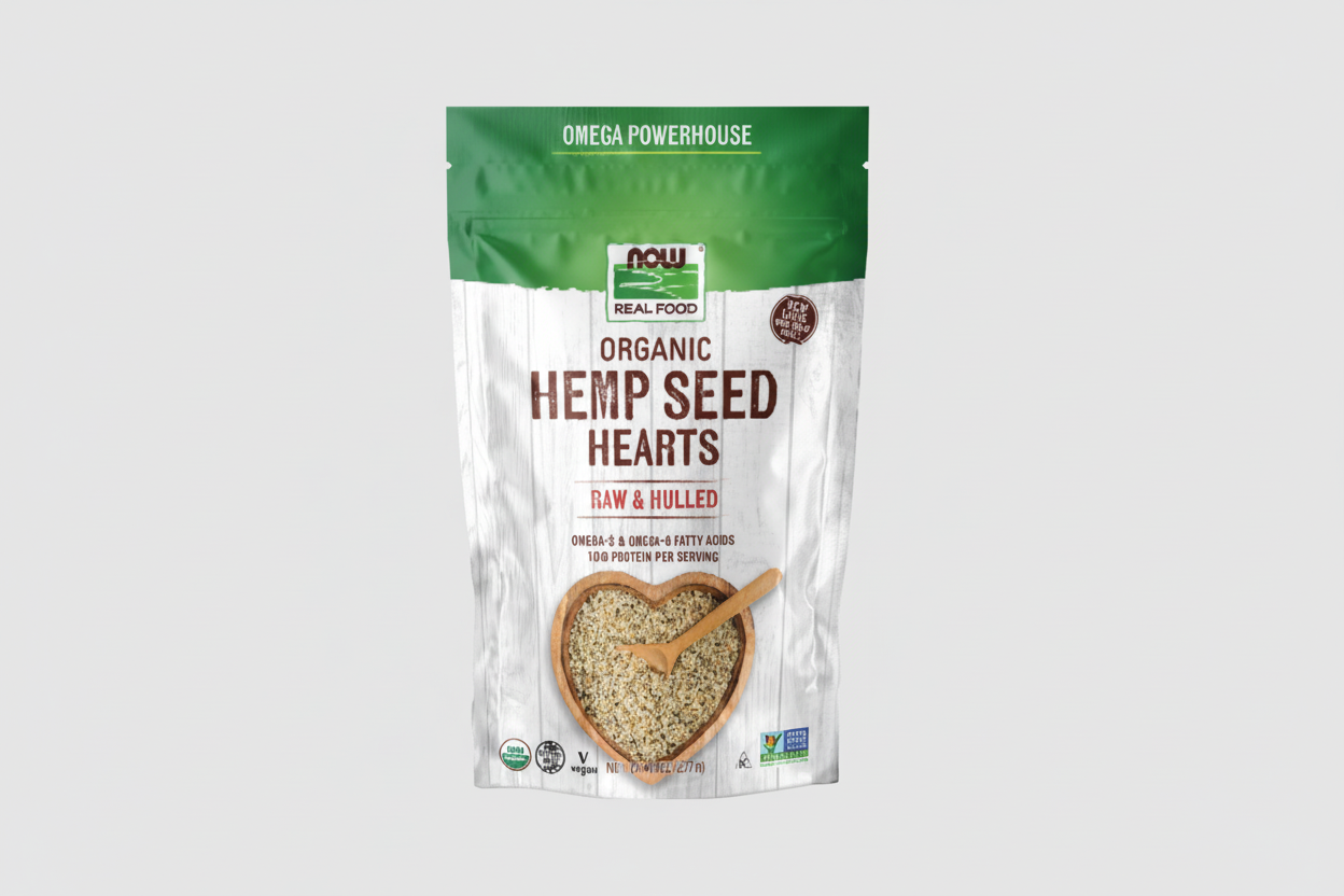 Package of NOW Organic Hemp Seed Hearts with a green and white design.